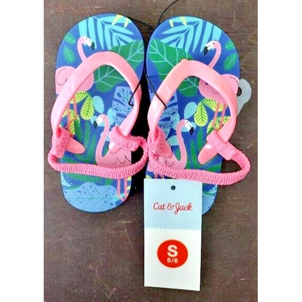 Cat and‎ Jack Kids Flip Flops Sandals Size S 5/6 Pink Flamingo Tropical Beach